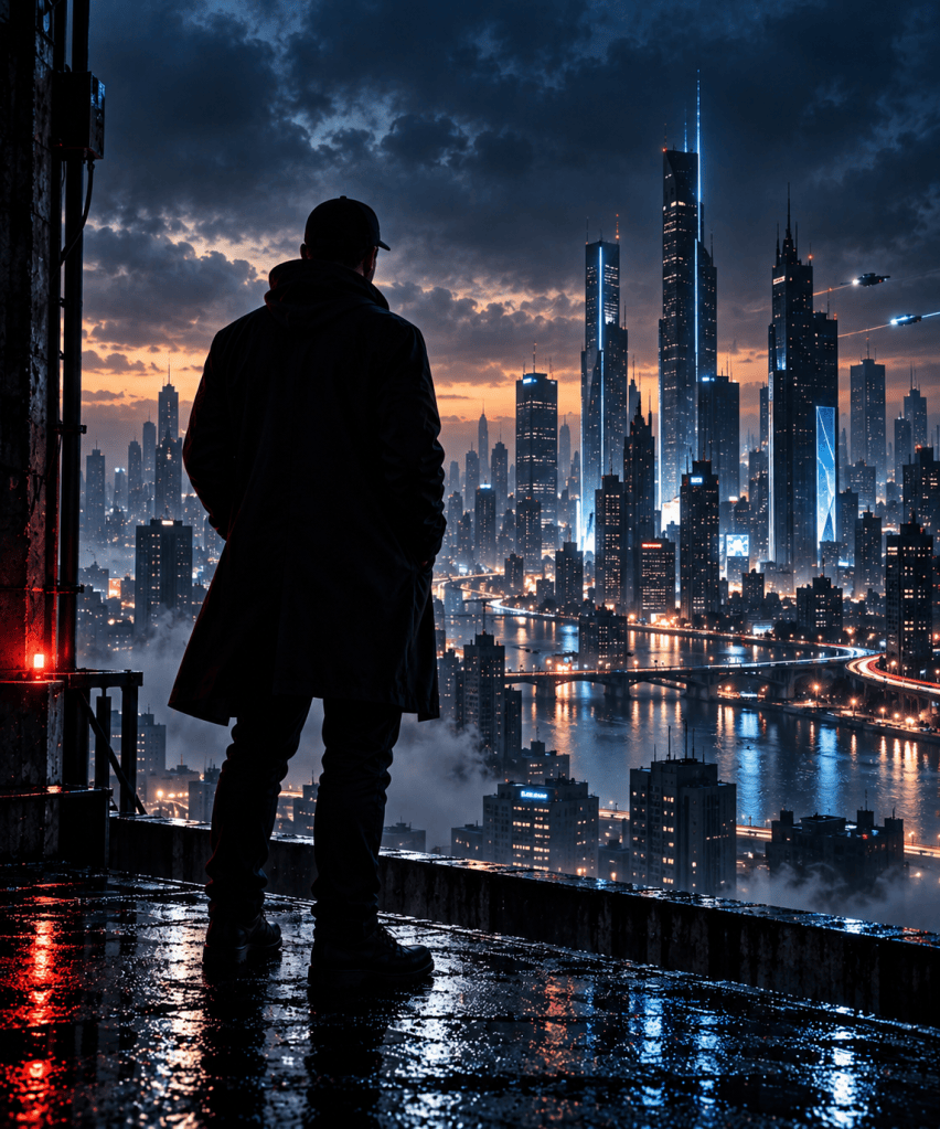 Silhouetted man in a baseball cap overlooking a rain-soaked futuristic city skyline at night.