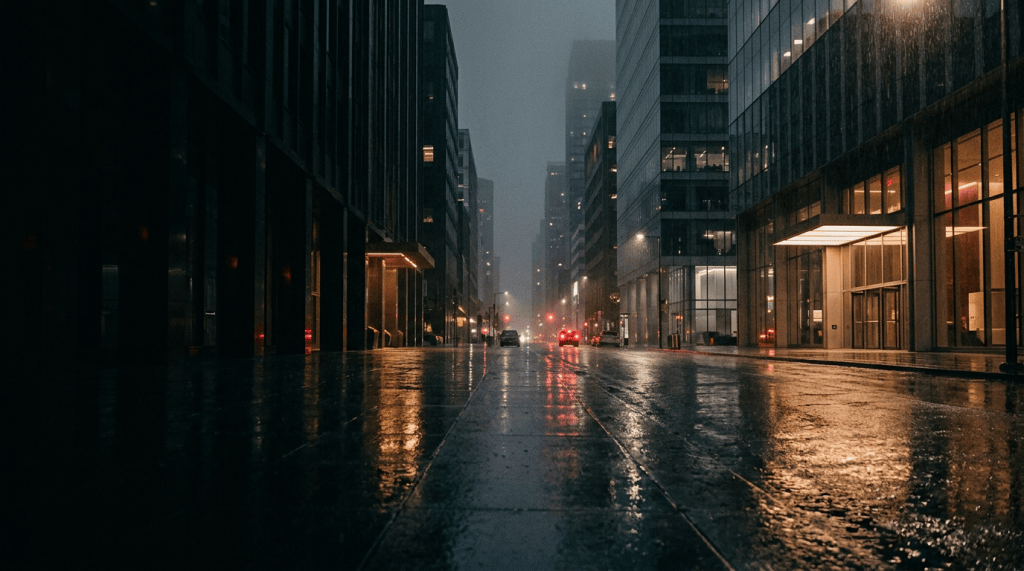 Rain-soaked city street at night with glowing buildings and wet reflections, featured on the J.V. Vann author website.