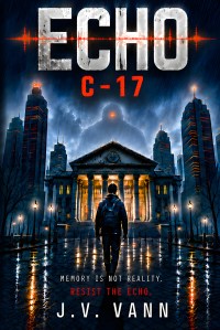 Cover of ECHO: C-17 by J.V. Vann, featuring a rain-soaked courthouse scene with red and blue light.
